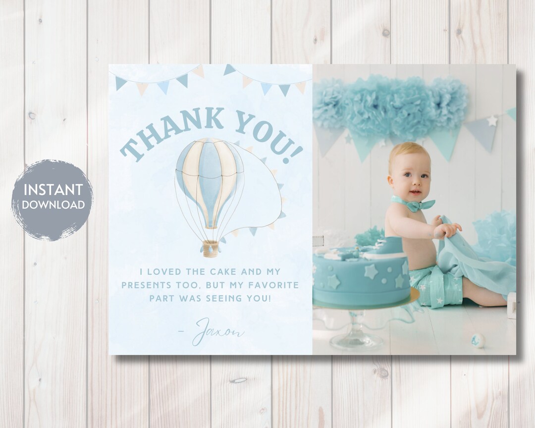 Hot Air Balloon First Birthday Thank You Card, Photo Thank You Card ...