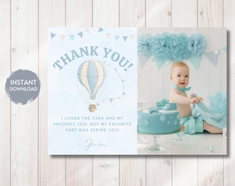 Hot Air Balloon First Birthday Thank You Card, Photo Thank You Card, Adventure Awaits Theme, Up Up Up 1st Bday Thank You, Editable Printable