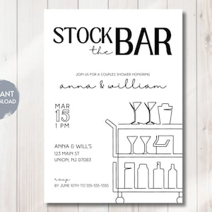 Stock The Bar 招待状、新築祝い招待状、ブライダル シャワー、カップル シャワー、ミニマリスト、白黒、編集可能な Evite テンプレート、DIY