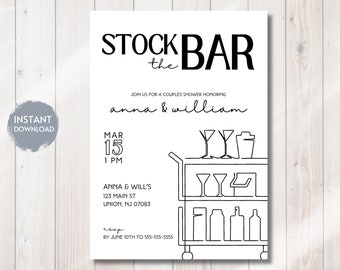 Stock The Bar Wedding Shower Invitation, Stock The Bar Housewarming Invite, Couples Shower, Editable Bridal Shower Evite Template, DIY