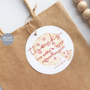 PIZZA Birthday Sticker Template, PIZZA Slice Thank You Sticker, Pizzeria Favor Tag, Printable Editable Instant Digital Download, DIY