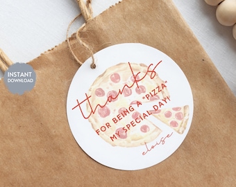 PIZZA Birthday Sticker Template, PIZZA Slice Thank You Sticker, Pizzeria Favor Tag, Printable Editable Instant Digital Download, DIY