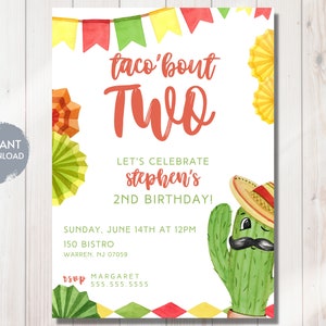 TACO BOUT TWO Birthday Invite Template, Fiesta Theme Bday, Taco Theme Invitation, Digital Instant Download, Printable, Editable, diy, Evite