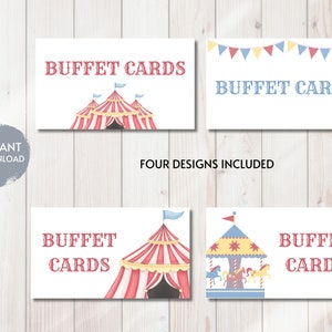 Tentes de nourriture d'anniversaire de cirque, cartes de buffet de carnaval, anniversaire sur le thème du cirque, décorations de cirque modernes à imprimer, enseignes de nourriture et de boisson de cirque, bricolage