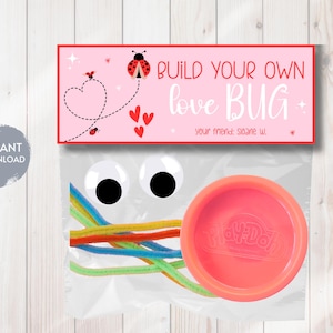 May include: A clear plastic bag contains craft supplies for a DIY project. The bag includes googly eyes, colorful pipe cleaners, and a container of Play-Doh. The top of the bag has a pink banner with the text "BUILD YOUR OWN love BUG".