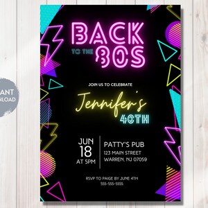 TILLBAKA TILL 80-TALET, 40-årsinbjudningsmall, redigerbar direktnedladdning, Retro, Throwback, Neon, Glöd, 1980-talet, tema, utskrivbar, gör-det-själv