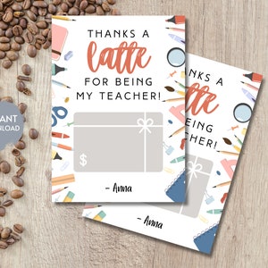 Modèle de porte-cartes cadeau café remerciement enseignant, carte-cadeau THANKS A LATTE, cadeau de remerciement pour enseignante de garderie, imprimable modifiable, bricolage