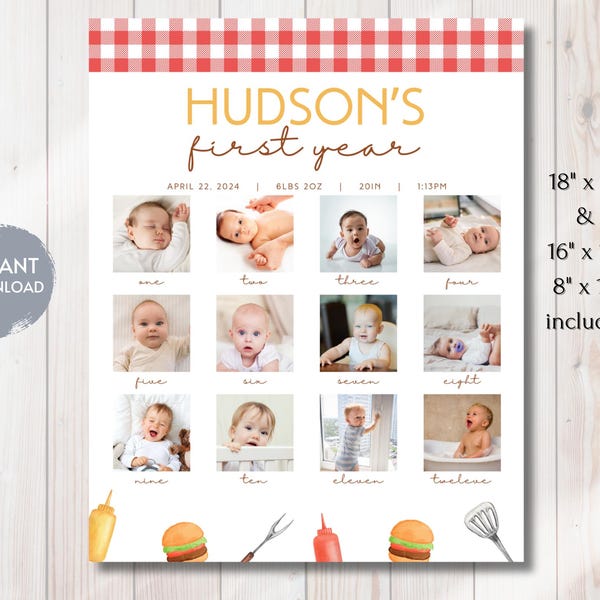 Bun is One Photo Milestone Sign, Cheeseburger and Fry Birthday Decor, BBQ Birthday, 1st Bday Stats, Decorations, Editable Digital Template