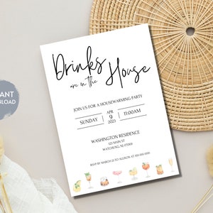 Housewarming Party Invitation Template, Drink Are On The House, Editable Instant Download, Minimalist, Cocktails, Classic, Printable Invite image 2