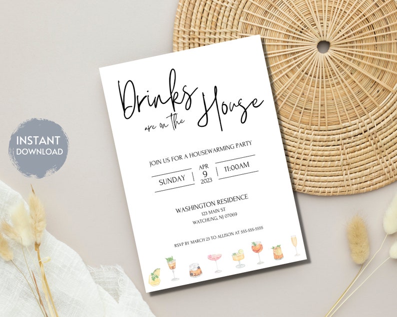 Housewarming Party Invitation Template, Drink Are On The House, Editable Instant Download, Minimalist, Cocktails, Classic, Printable Invite image 2