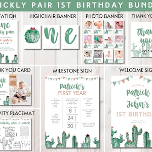 UNE PAIRE DE PIQUANTS lot premier anniversaire, lot anniversaire cactus, lot premier anniversaire de jumeaux, forfait fête 1er anniversaire, téléchargement immédiat