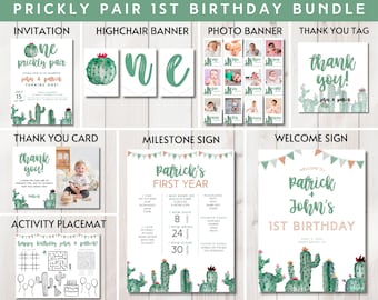 Paquete de primer cumpleaños de ONE PICKLY PAIR, paquete de cumpleaños de cactus, paquete de primer cumpleaños para gemelos, paquete de fiesta de primer cumpleaños, descarga instantánea