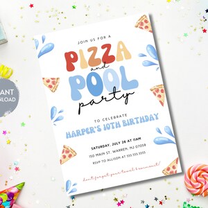 May include: A colorful invitation for a pizza and pool party to celebrate Harper's 10th birthday. The invitation features a blue, red, and orange graphic of the words "Pizza and Pool Party" with pizza slices and water splashes in the background. The text includes the date, time, location, and RSVP information.