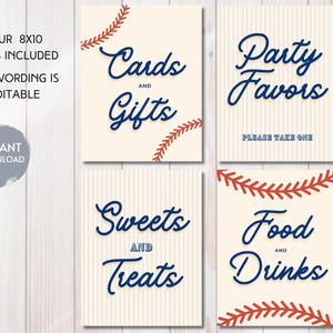 May include: Four 8x10 inch baseball-themed signs with editable text. The signs include "Cards and Gifts", "Party Favors", "Sweets and Treats", and "Food and Drinks" in navy blue script on a cream background with baseball stitching.