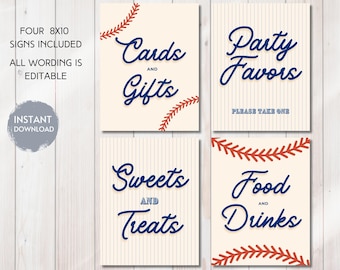 Puede incluir: Cuatro letreros con temática de béisbol, cada uno de 20,3 x 25,4 cm, con texto editable. Los letreros presentan escritura azul marino sobre un fondo crema, incluyendo "Tarjetas y Regalos", "Recuerdos de Fiesta", "Dulces y Golosinas" y "Comida y Bebidas".