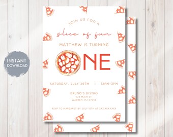 May include: A white invitation with a red and orange pizza theme. The text reads "Join us for a slice of fun. Matthew is turning one. Saturday, July 29th | 12PM-3PM. Bruno's Bistro 123 Main St Warren, NJ 07059. RSVP to Margaret by July 15th at XXX.XXX.XXXX"