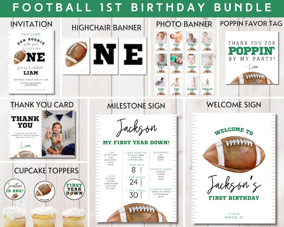 FOOTBALL First Birthday Bundle, First Year Down Bundle, First Down Football Bundle, 1st Bday Party Package, Instant Download Editable, DIY