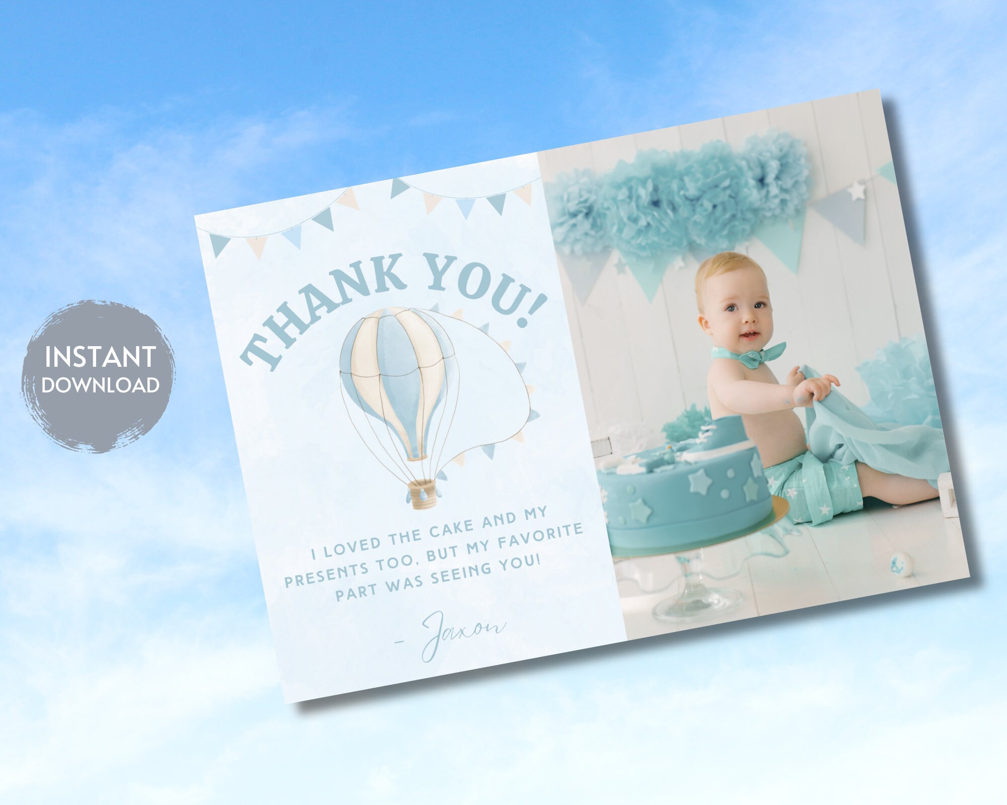Hot Air Balloon First Birthday Thank You Card, Photo Thank You Card ...
