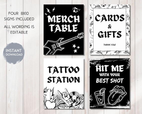 Rock n Roll Theme Party Signs Bundle, ONE ROCKS Birthday Decorations, Cards & Gifts Sign, First World Tour Signs, 8x10, Instant Download