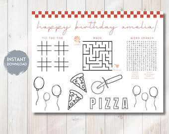 May include: A printable birthday party activity sheet for a child named Amelia. The sheet features a tic-tac-toe game, a maze, a word search, and a pizza-themed coloring page. The words "happy birthday amelia!" are written at the top of the sheet.