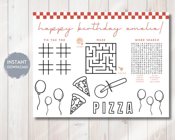 PIZZA Placemat Activity Sheet, Slice of Fun Placemat, Kids Coloring Page, Bday Decorations, Editable Digital Template, DIY, 11" x 8.5"