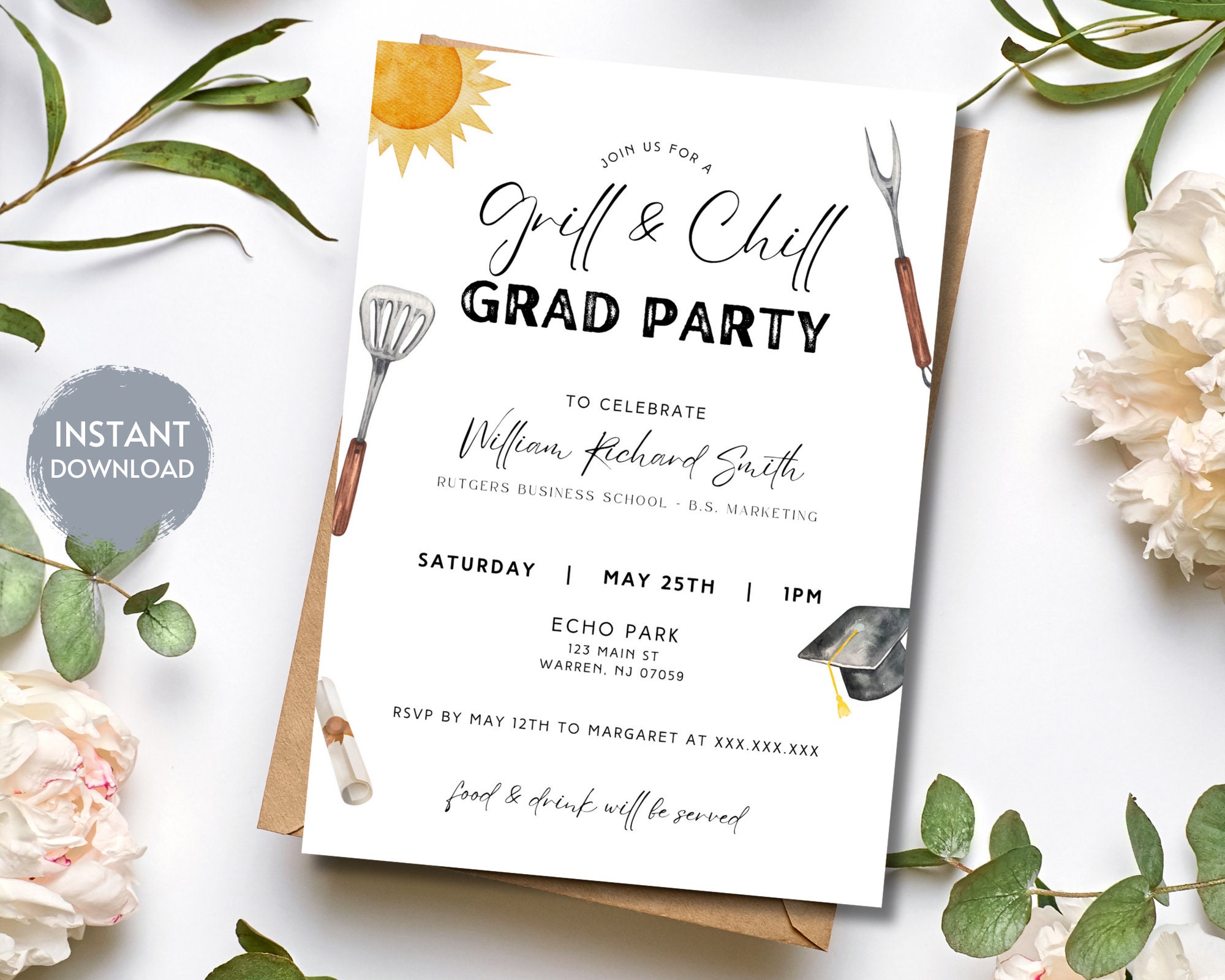 Grad Lunch Invite Grill and Chill Graduation Party Invitation, BBQ Grad Party Invitation ...