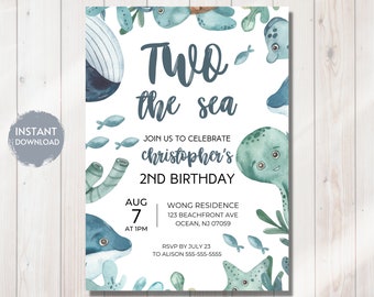 TWO THE SEA 2nd Birthday Invitation Template, Editable Instant Download, Ocean, Pun, Printable, diy, Evite, Sea Theme, Aquarium