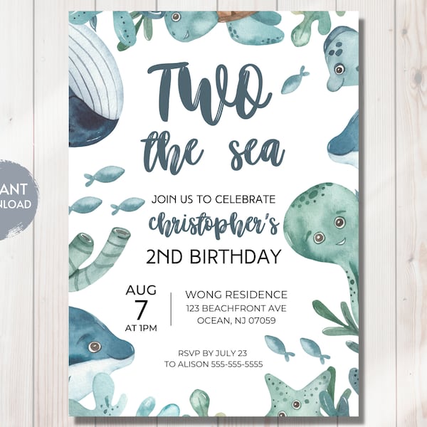 TWO THE SEA 2nd Birthday Invitation Template, Editable Instant Download, Ocean, Pun, Printable, diy, Evite, Sea Theme, Aquarium