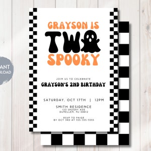 DOIS convites de aniversário assustadores, convites fantasmas de Halloween, 2º aniversário retrô, modelo digital editável para impressão, download instantâneo, faça você mesmo