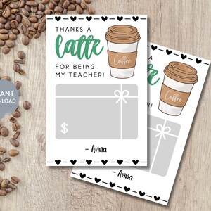 Modèle de porte-cartes cadeau café remerciement enseignant, carte-cadeau THANKS A LATTE, cadeau de remerciement pour enseignante de garderie, imprimable modifiable, bricolage
