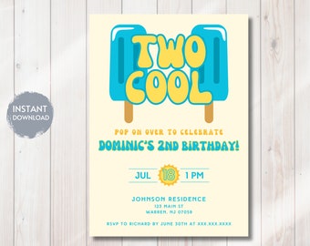 May include: A yellow and blue birthday invitation with the text "Two Cool" in a retro font. The invitation is for Dominic's 2nd birthday party. The party is on July 18th at 1 PM at the Johnson Residence, 123 Main Street, Warren, NJ 07059. RSVP to Richard by June 30th at XXX.XXX.XXXX.
