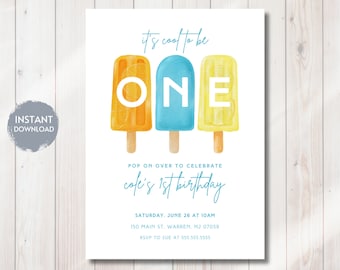 Cool to Be ONE POPSICLE Birthday Invitation, Cool One Ice Pop Bday Invite, First Bday, Printable Editable Digital Download Template, Evite
