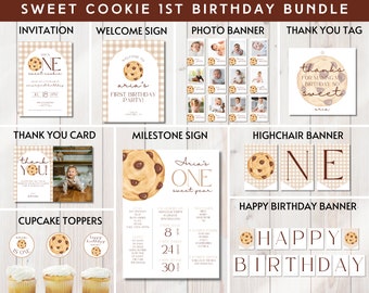 Paquete de primer cumpleaños con galletas de ONE SWEET, paquete de cumpleaños con leche y galletas, paquete de cumpleaños de galletas, paquete para fiesta de primer cumpleaños, descarga editable, hazlo tú mismo