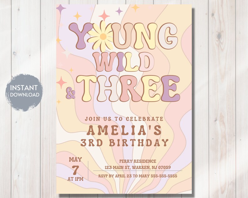 Groovy 3rd Birthday Invitation, Retro Daisy Theme (digital Download) - Etsy