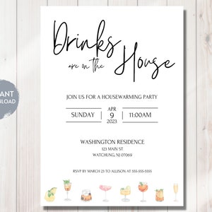 Housewarming Party Invitation Template, Drink Are On The House, Editable Instant Download, Minimalist, Cocktails, Classic, Printable Invite image 1