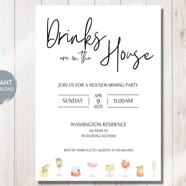 Housewarming Party Invitation Template, Drink Are On The House, Editable Instant Download, Minimalist, Cocktails, Classic, Printable Invite