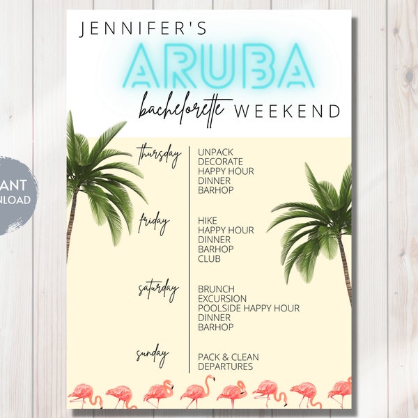 ARUBA Bachelorette Weekend Itinerary Template, Bach Schedule, Editable Instant Download, Printable, Bach Bash, Hen