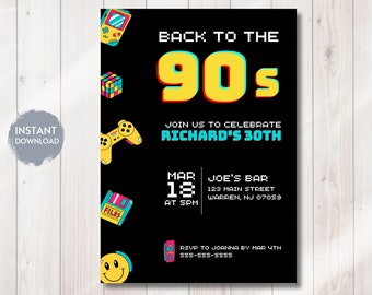 BACK TO THE 90s Birthday Invitation Template, 1990s Birthday Theme, Printable Editable Instant Download, Retro, Throwback, 90s Theme Evite