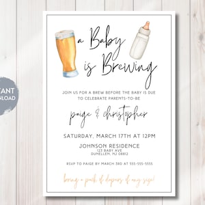 May include: A white card with black text announcing a baby shower for Paige & Christopher. The text reads "A Baby is Brewing" with a beer bottle and baby bottle illustration. The event is on Saturday, 17th March at 12pm at the Johnson Residence. The address is 123 Baby Ave, Dunellen, NJ 08812. The RSVP date is 3rd March at 555-555-5555. The text also says "Bring a pack of nappies of any size!"