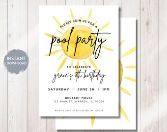 POOL PARTY Birthday Party Invitation Template, Splish Splash Pool Party, Splash Pad Bday, Any Age Bday Invite, Printable Editable Download