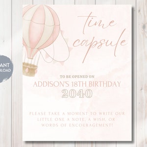 Peut inclure: Une affiche imprimable rose clair avec une illustration à l'aquarelle d'une montgolfière rose et beige. L'affiche indique "capsule temporelle" et comprend du texte pour un anniversaire. Les mots "Téléchargement instantané" sont également inclus.