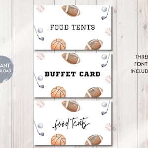 Barracas de comida de aniversário ESPORTES, Cartão de buffet com tema esportivo, Decorações para impressão, Placas de comida e bebida Born Two Ball, Golfe, Futebol, Beisebol, Faça você mesmo