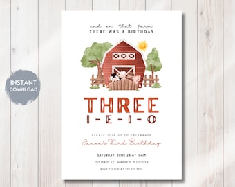 May include: A printable invitation for a child's third birthday party. The invitation features a red barn with a white door and windows, a sun, and three farm animals peeking out from behind the barn. The text on the invitation reads "and on that farm there was a birthday", "THREE", "I-E-I-O", "Please join us to celebrate Jaxon's Third Birthday", "Saturday, June 26 at 10am", "150 Main St, Warren, NJ 07059", and "RSVP to Sue at 555.555.5555".