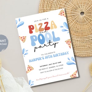 May include: A colorful invitation for a pizza and pool party to celebrate Harper's 10th birthday. The invitation features a blue and white watercolor design with pizza slices and water splashes. The text reads "Join us for a Pizza and Pool Party to celebrate Harper's 10th Birthday. Saturday, July 26 at 11am, 150 Main St. Warren, NJ 07059. RSVP to Allison at 555.555.5555. Don't forget your towel & swimsuit!"