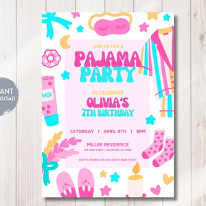 Modèle d&#39;Invitation d&#39;anniversaire pyjama party, invitation à une soirée pyjama pastel, anniversaire d&#39;enfants de tout âge, Evite rétro, téléchargement modifiable imprimable, bricolage