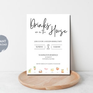 Housewarming Party Invitation Template, Drink Are On The House, Editable Instant Download, Minimalist, Cocktails, Classic, Printable Invite image 3