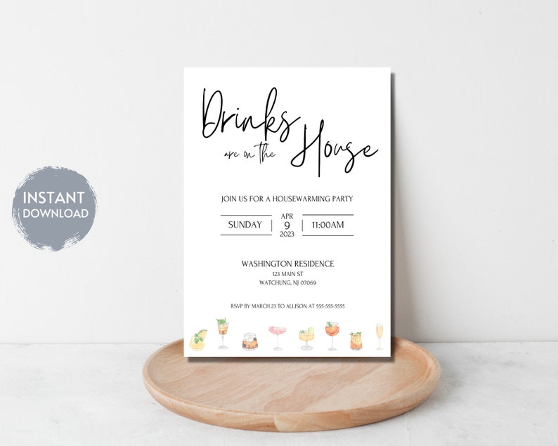 Housewarming Party Invitation Template, Drink Are On The House, Editable Instant Download, Minimalist, Cocktails, Classic, Printable Invite image 3