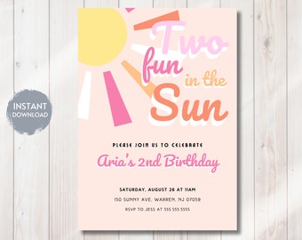 Uitnodiging voor een tweede verjaardagsfeestje met als thema "Twee leuke dingen in de zon", retro regenboog, boho retro zonneschijn verjaardagsfeest voor een meisje, direct te downloaden, zelf te maken.