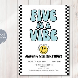 Convite de aniversário FIVE is a Vibe, convite com rosto sorridente, 5º aniversário retrô, modelo digital editável para impressão, download instantâneo, faça você mesmo