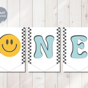Banner para cadeira alta One Happy Dude, One Cool Dude, Smiley Face, Aniversário retrô, 1º aniversário, Modelo digital para impressão, DOWNLOAD INSTANTÂNEO, Faça você mesmo